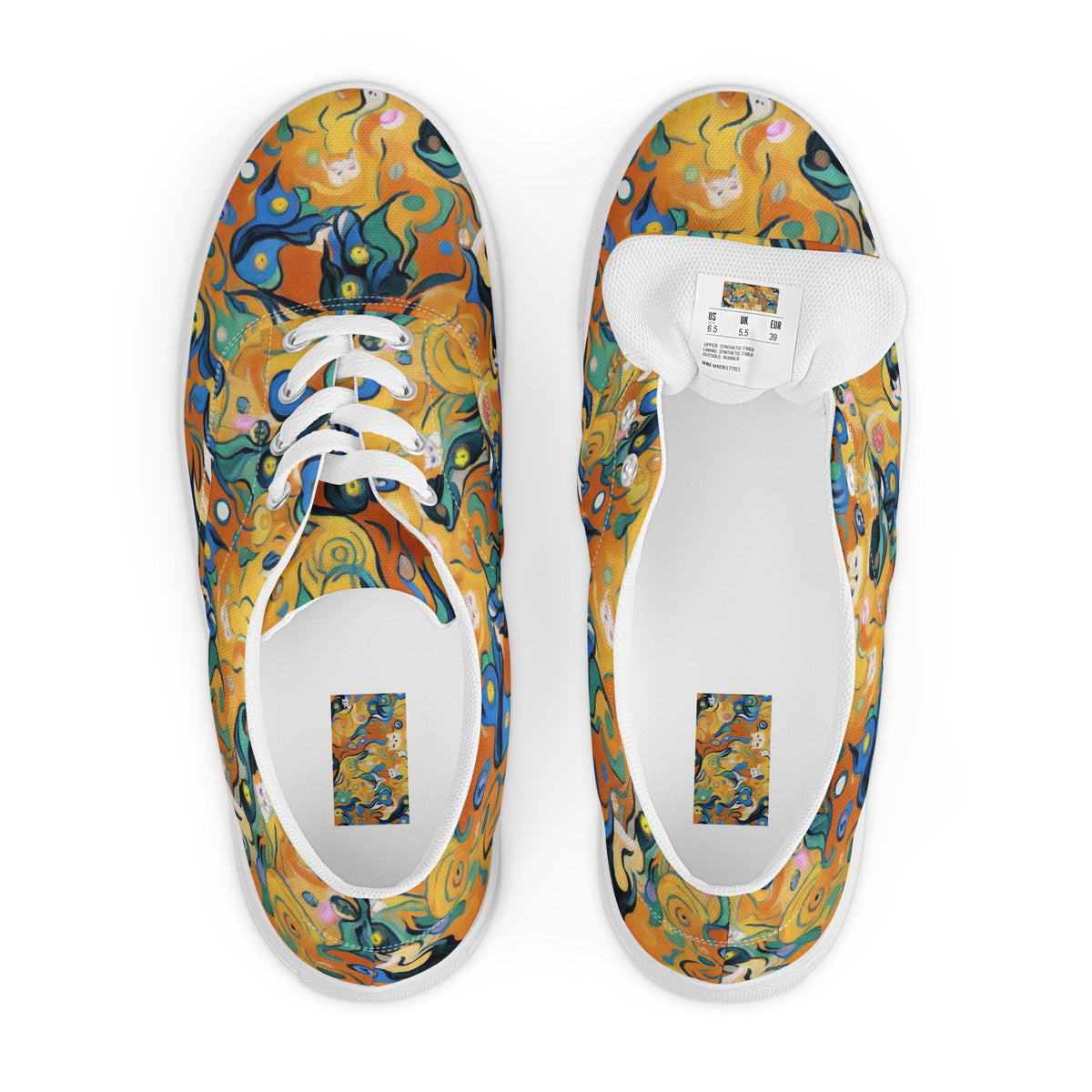 Men's Lace-Up Canvas Shoes - Whimsical Feline Dance