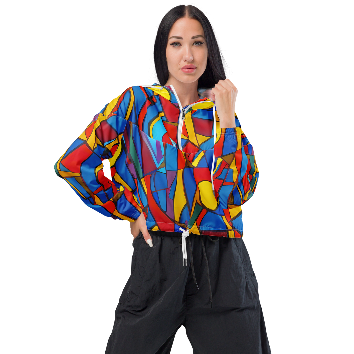 Women's Cropped Windbreaker - Mondrian Maze