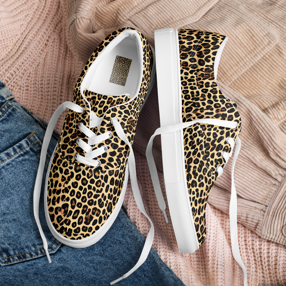 Women's Lace-Up Canvas Shoes - Cheetah Mosaic