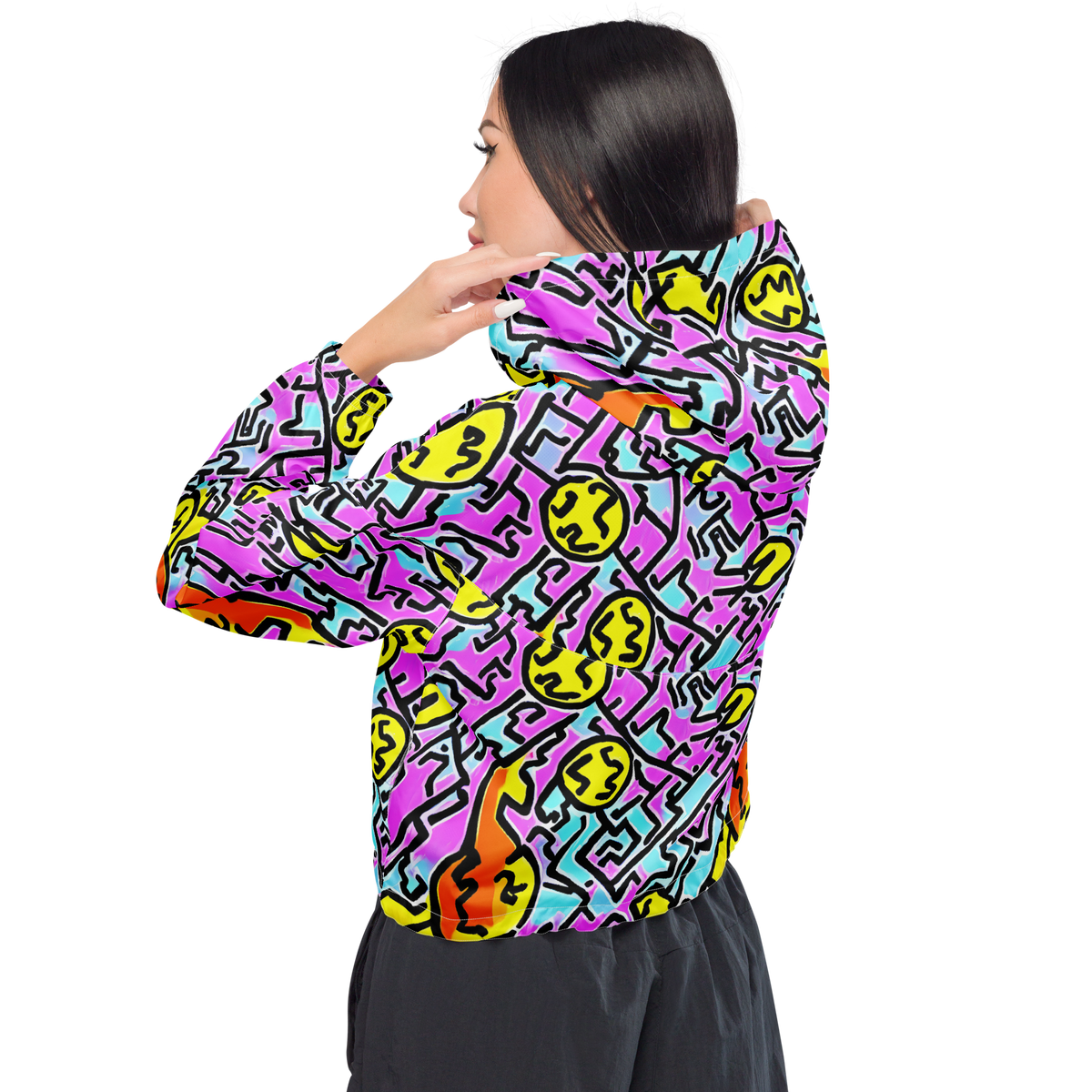 Women's Cropped Windbreaker - Punk Doodles