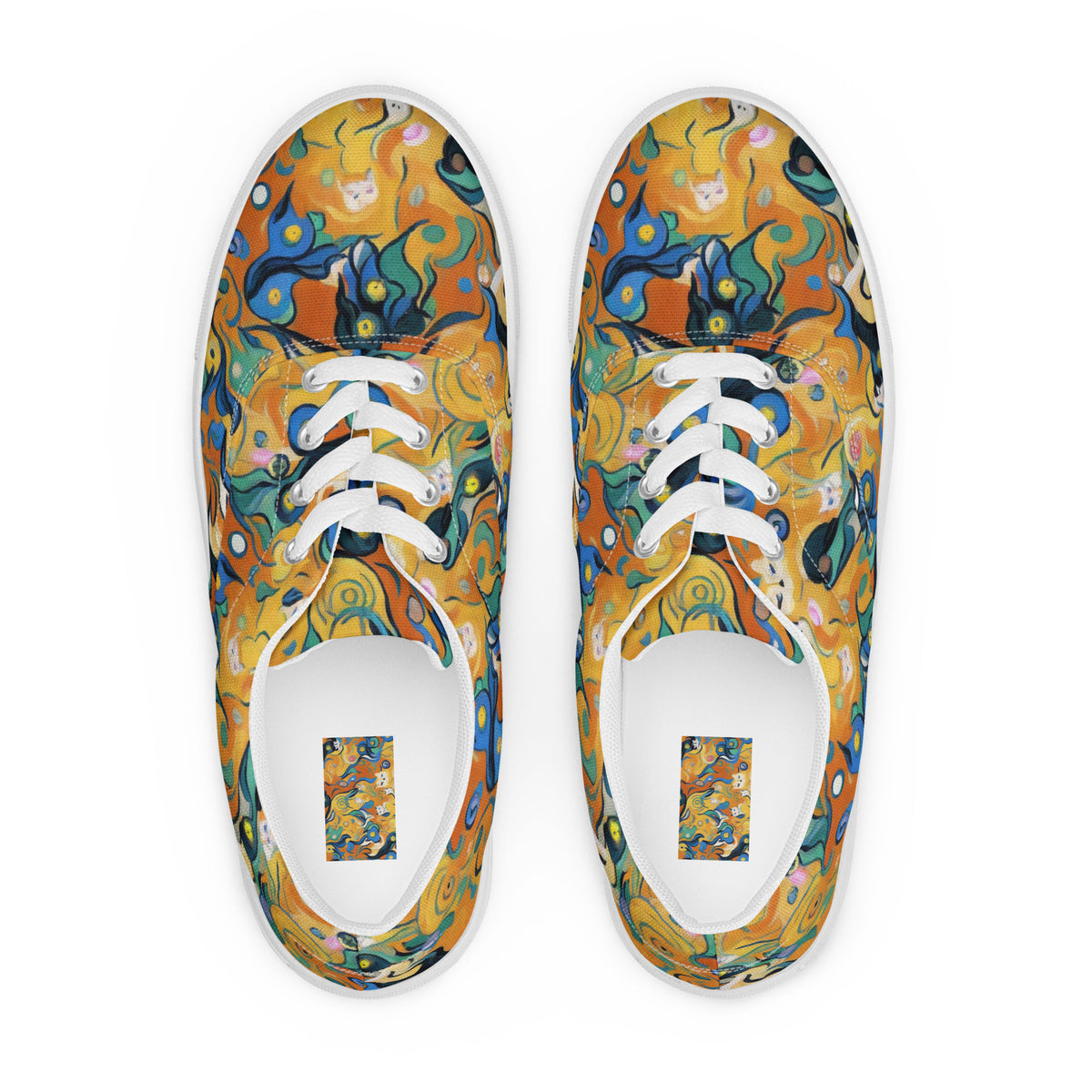Women's Lace-Up Canvas Shoes - Whimsical Feline Dance