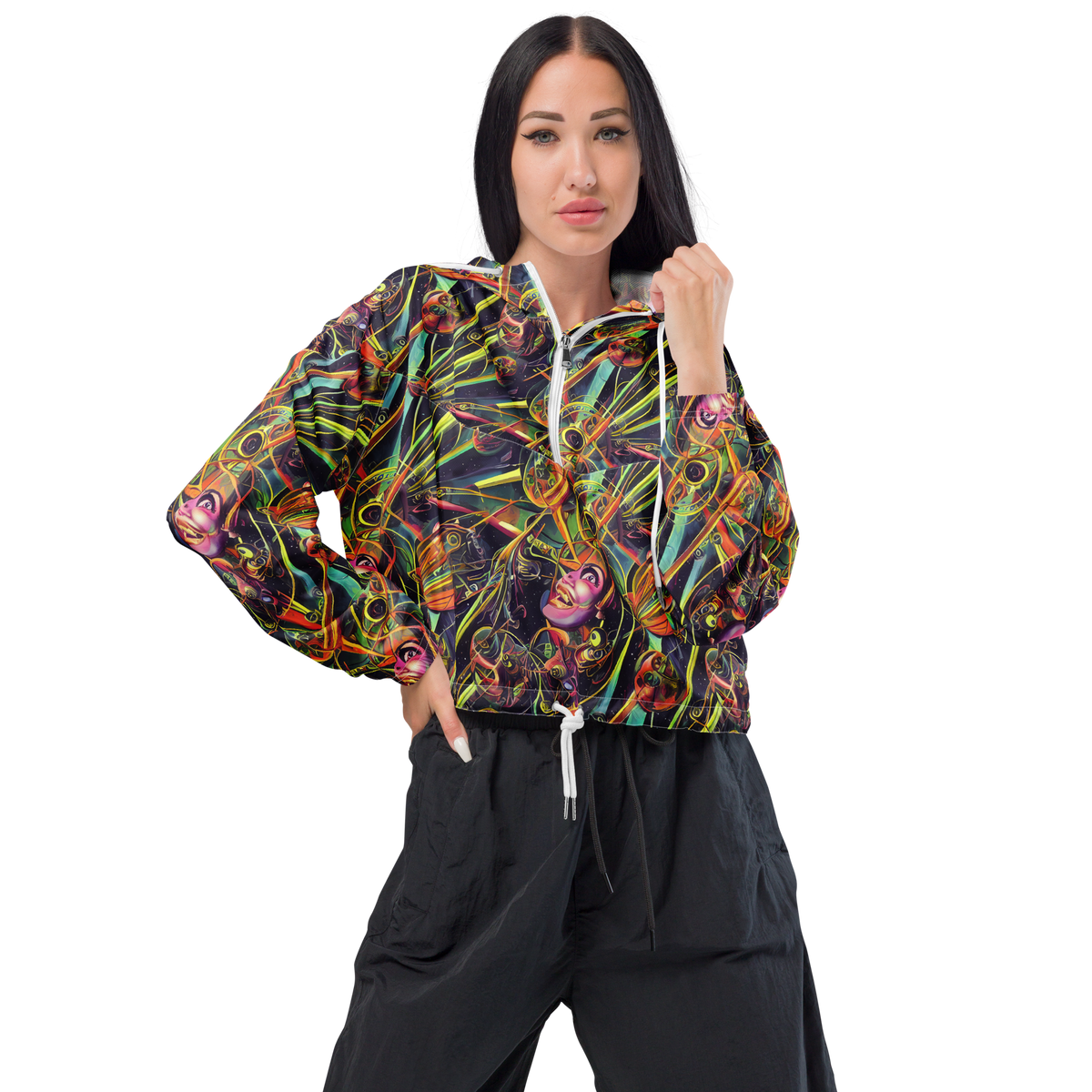 Women's Cropped Windbreaker - Psychedelic Deep Space
