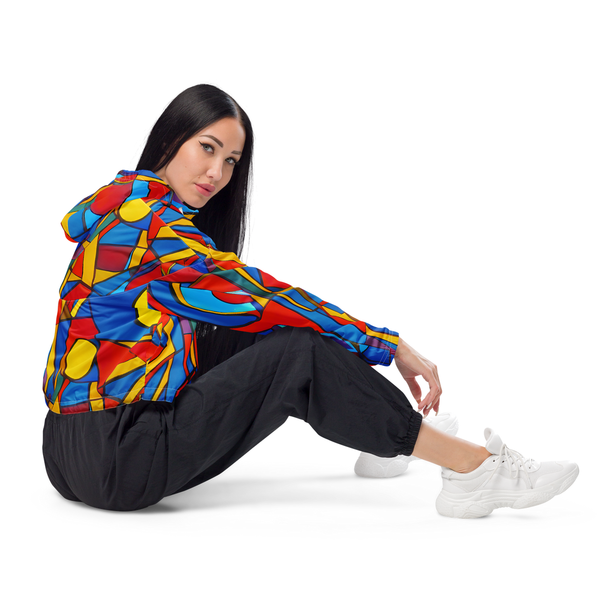 Women's Cropped Windbreaker - Mondrian Maze